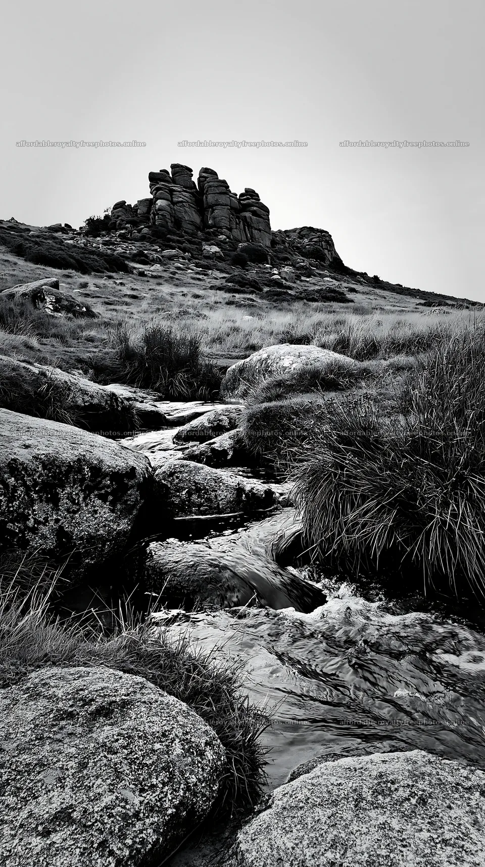 Meadow and stream under crags in black and white – royalty-free photos 5938x10608