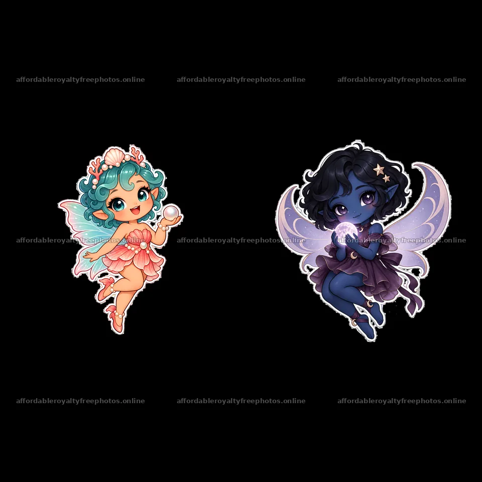 Kawaii chubby fairies with magic orbs in playful poses – royalty-free photos 7746x7746