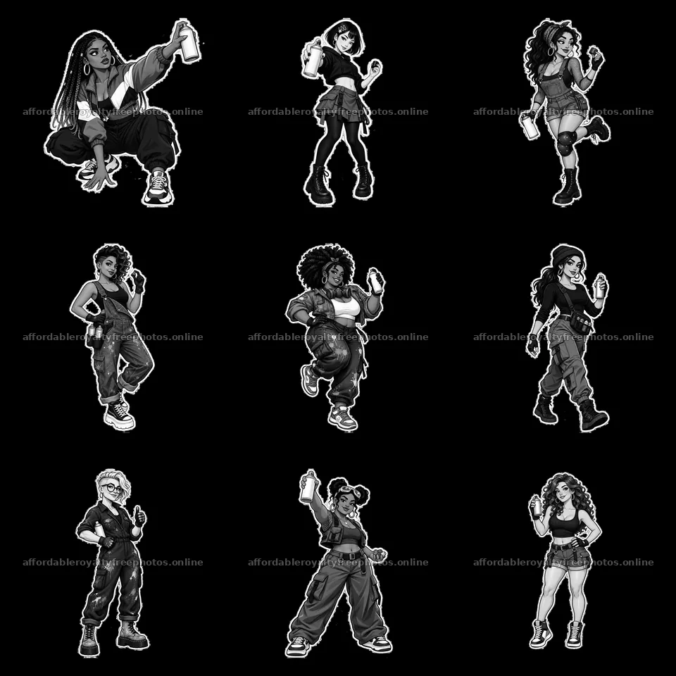 Nine unique female graffiti sprayers in monochrome – royalty-free photos 7746x7746