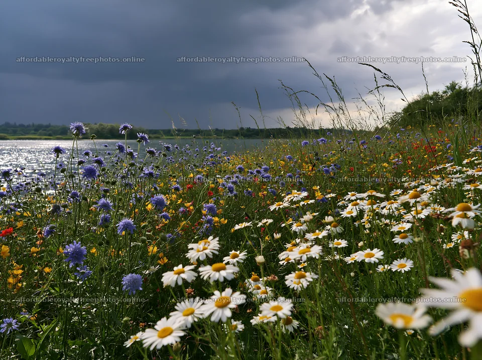 German lakeside meadow with wildflowers and dark cloudy – royalty-free photos 9174x6866