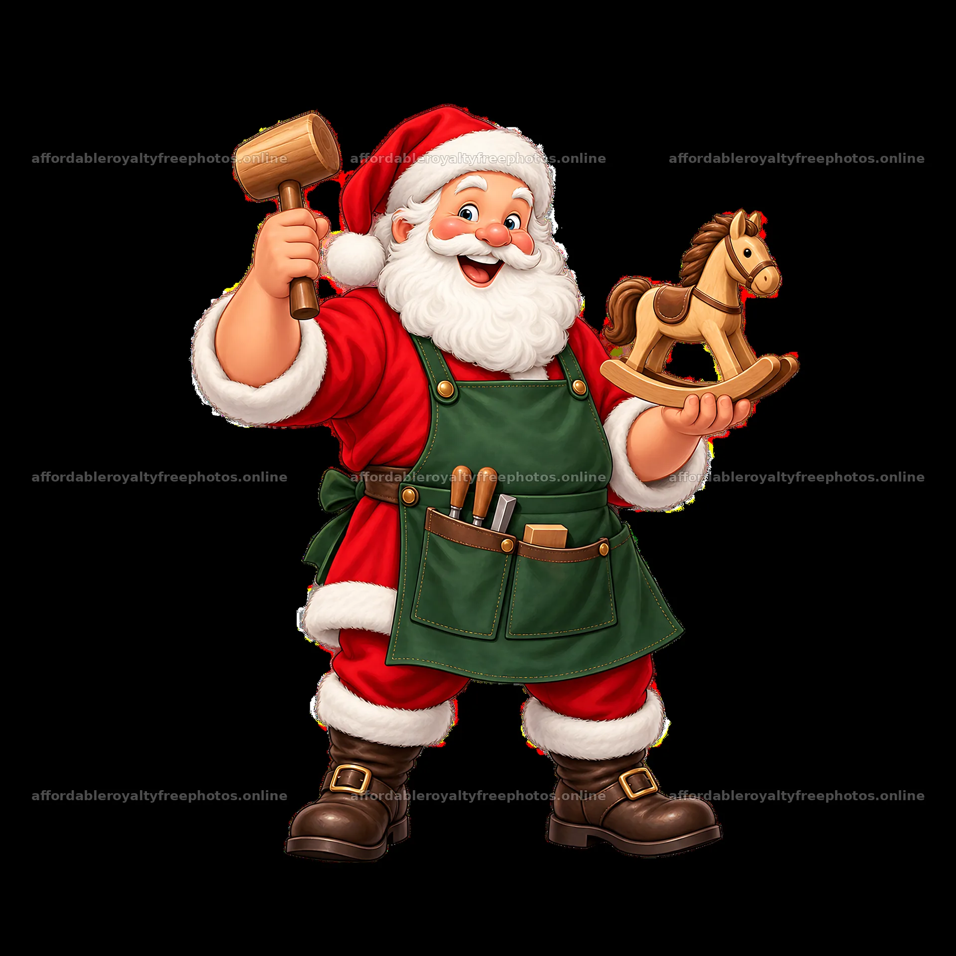 Santa Claus with a hammer and toy rocking horse – royalty-free photos 7746x7746