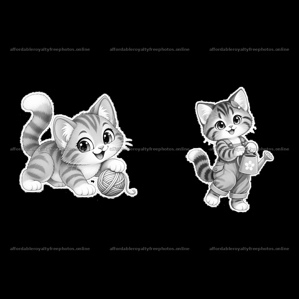 Kawaii cats playing with yarn and watering plants – royalty-free photos 7746x7746