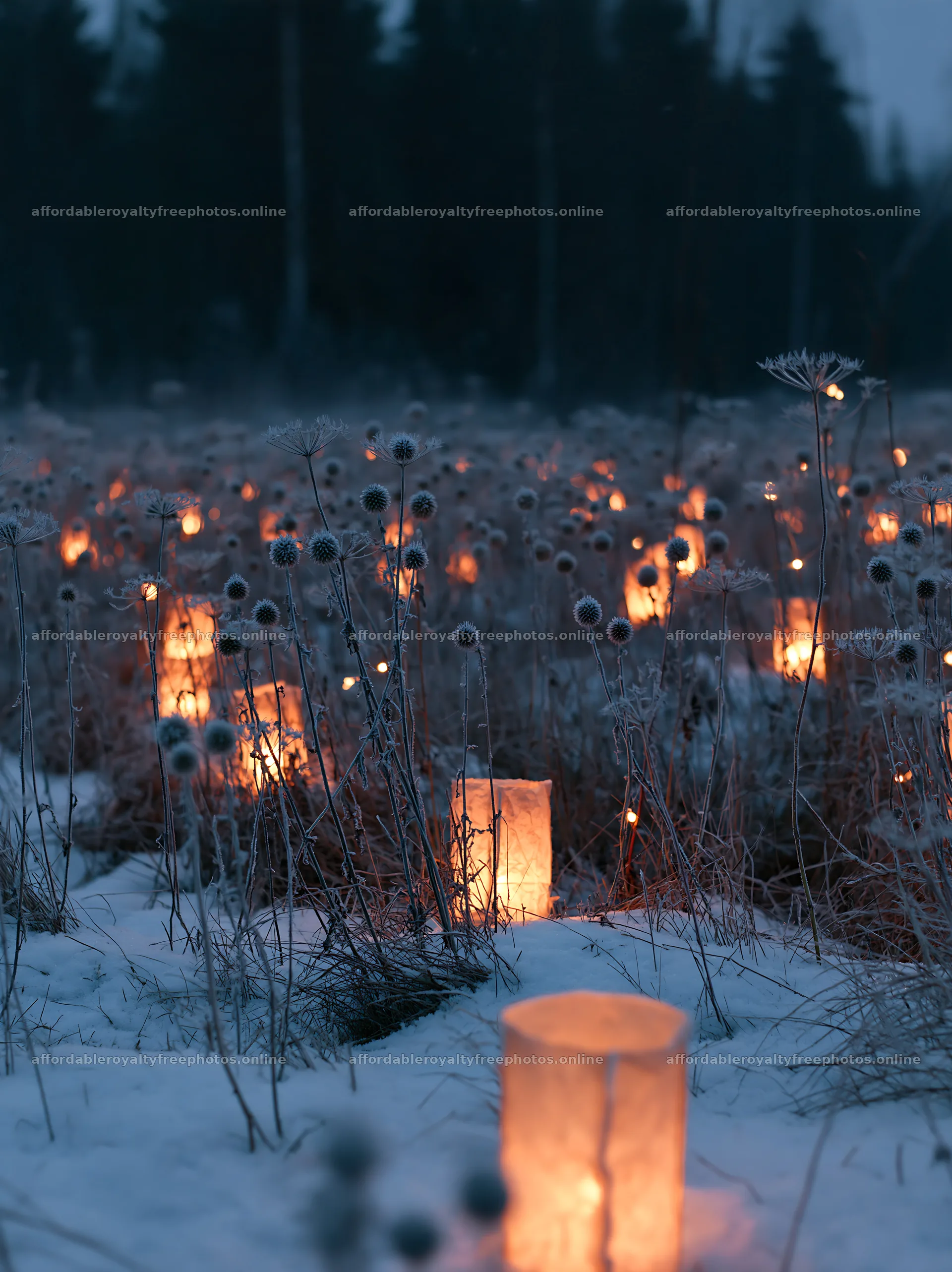 Christmas meadow with frost seedheads and lanterns at – royalty-free photos 6866x9174