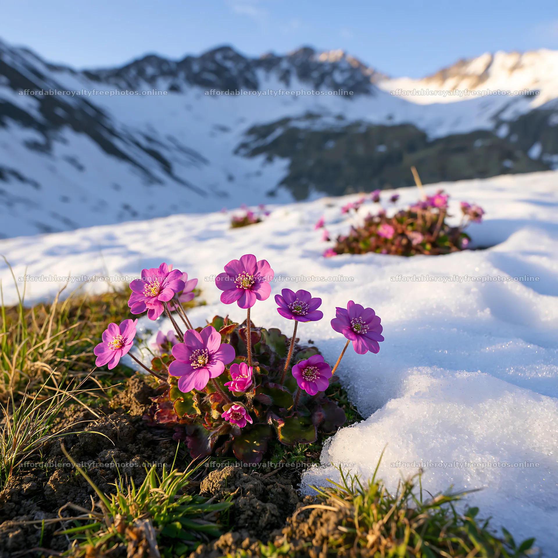 Snowy foothill meadow with blooming flowers and mountains – royalty-free photos 7938x7938