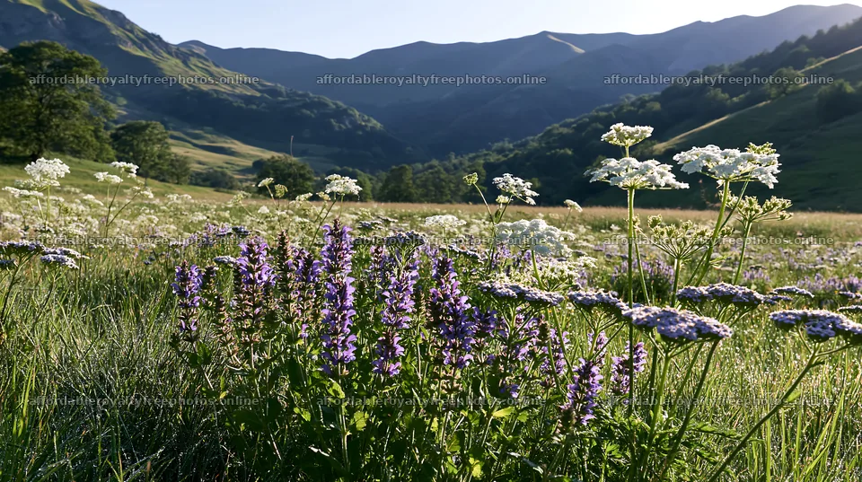Sunny umbel flower meadow with mountains in the – royalty-free photos 10608x5938
