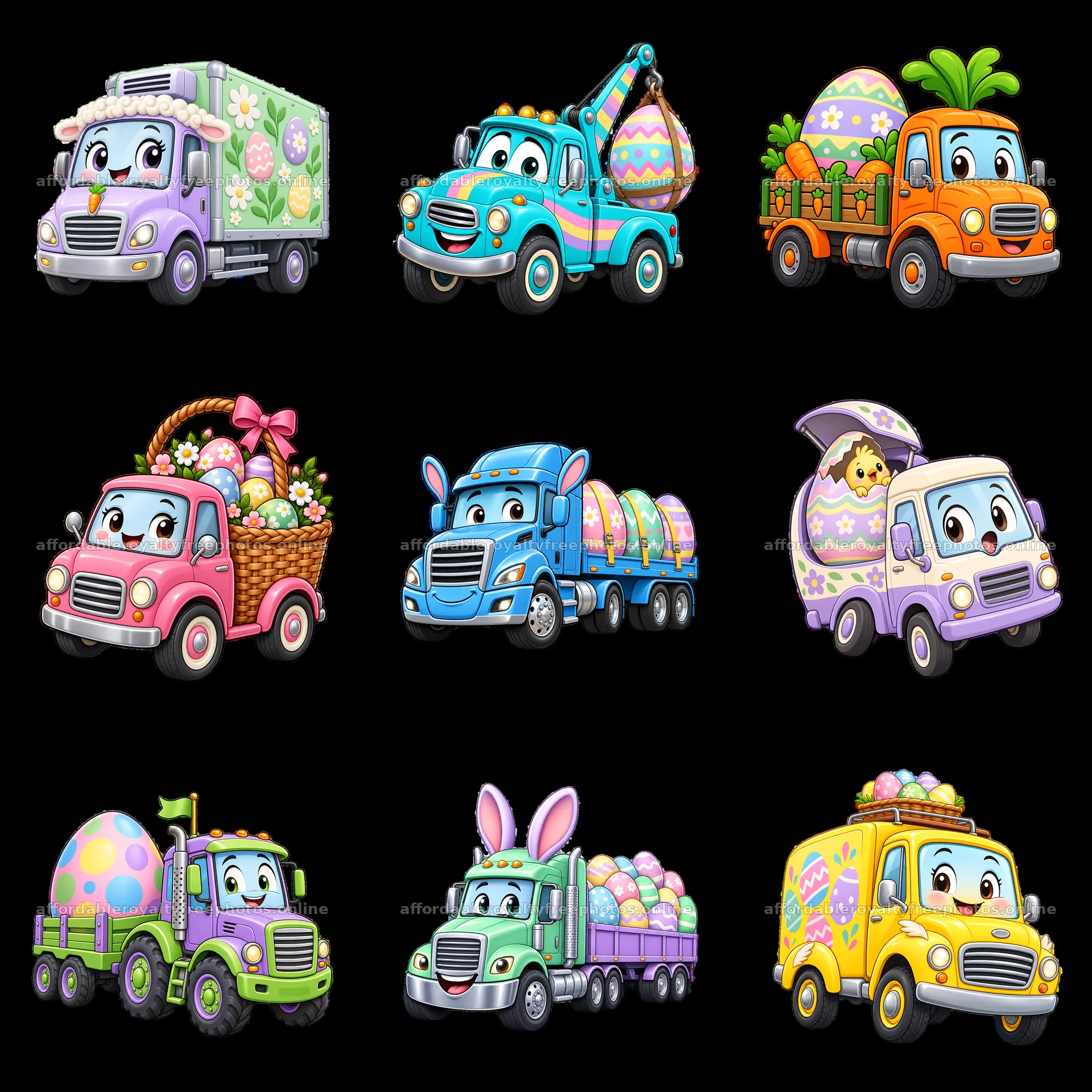 Easter trucks with colorful decorations and holiday items – royalty-free photos 7746x7746