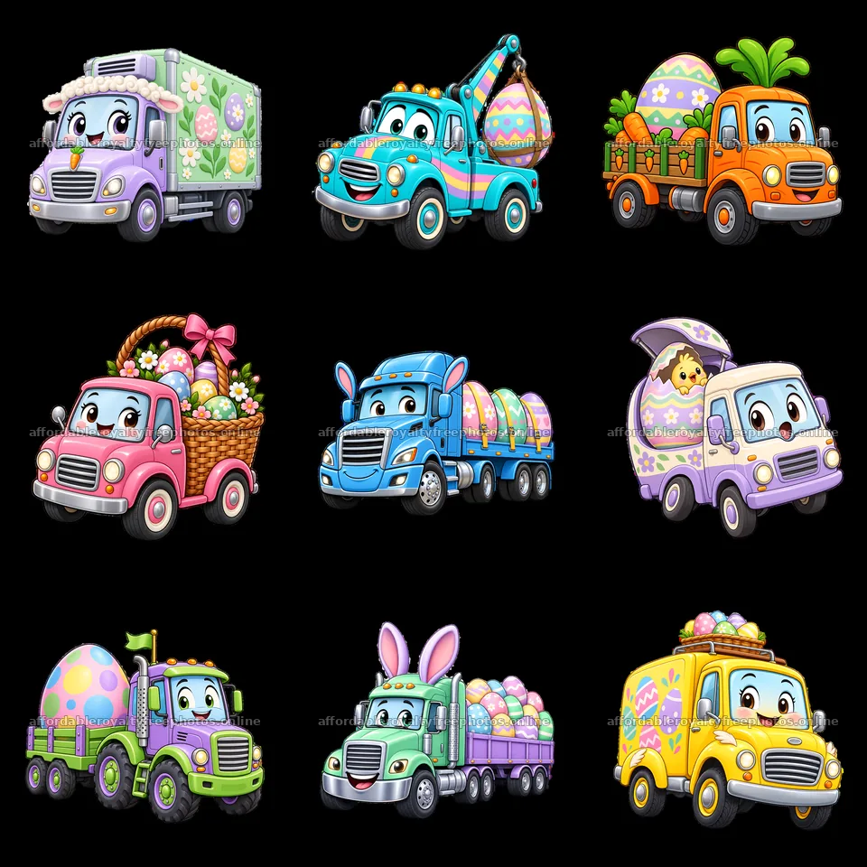 Easter trucks with colorful decorations and holiday items – royalty-free photos 7746x7746