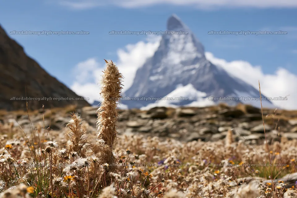 Wildflowers in meadow with Matterhorn mountain backdrop – royalty-free photos 9722x6480