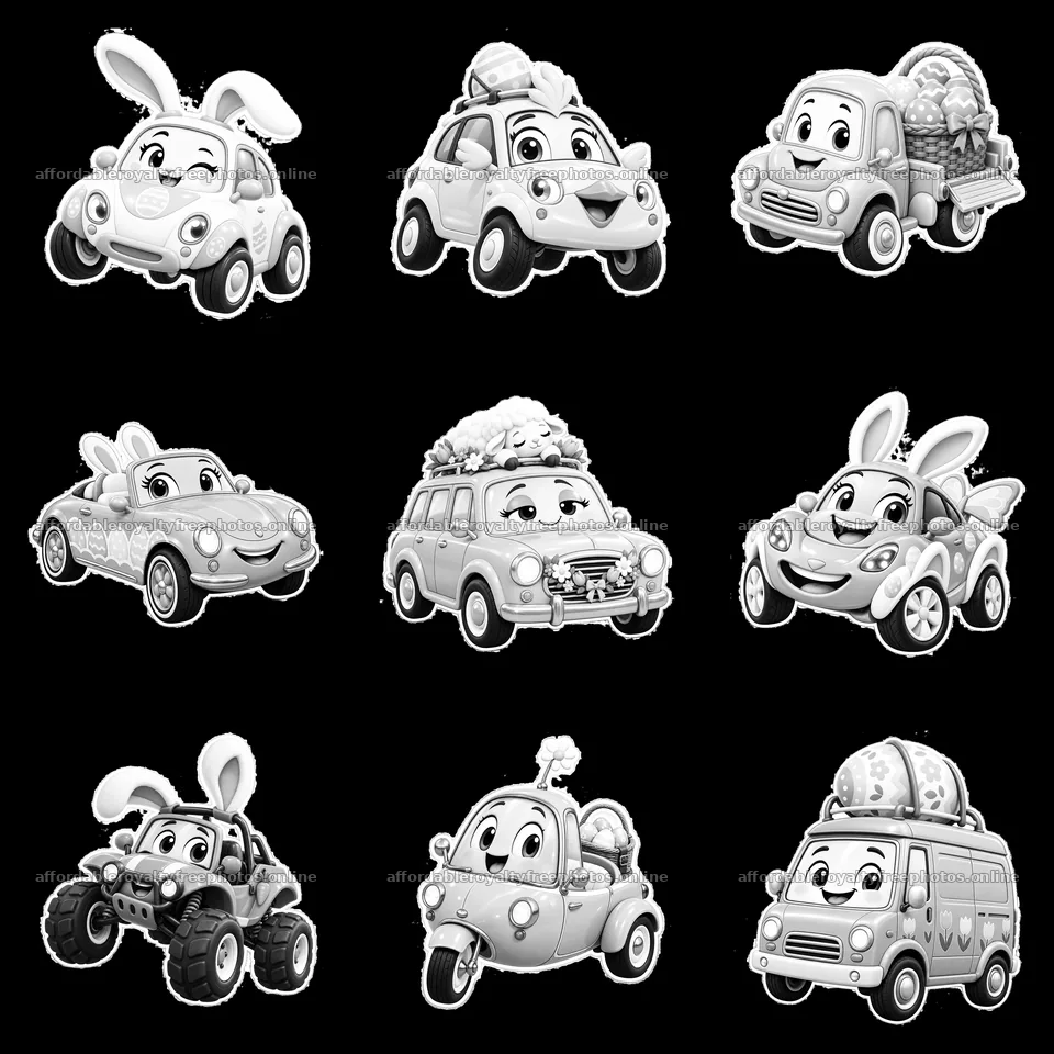 Easter cartoon car stickers in a 3x3 layout – royalty-free photos 7746x7746