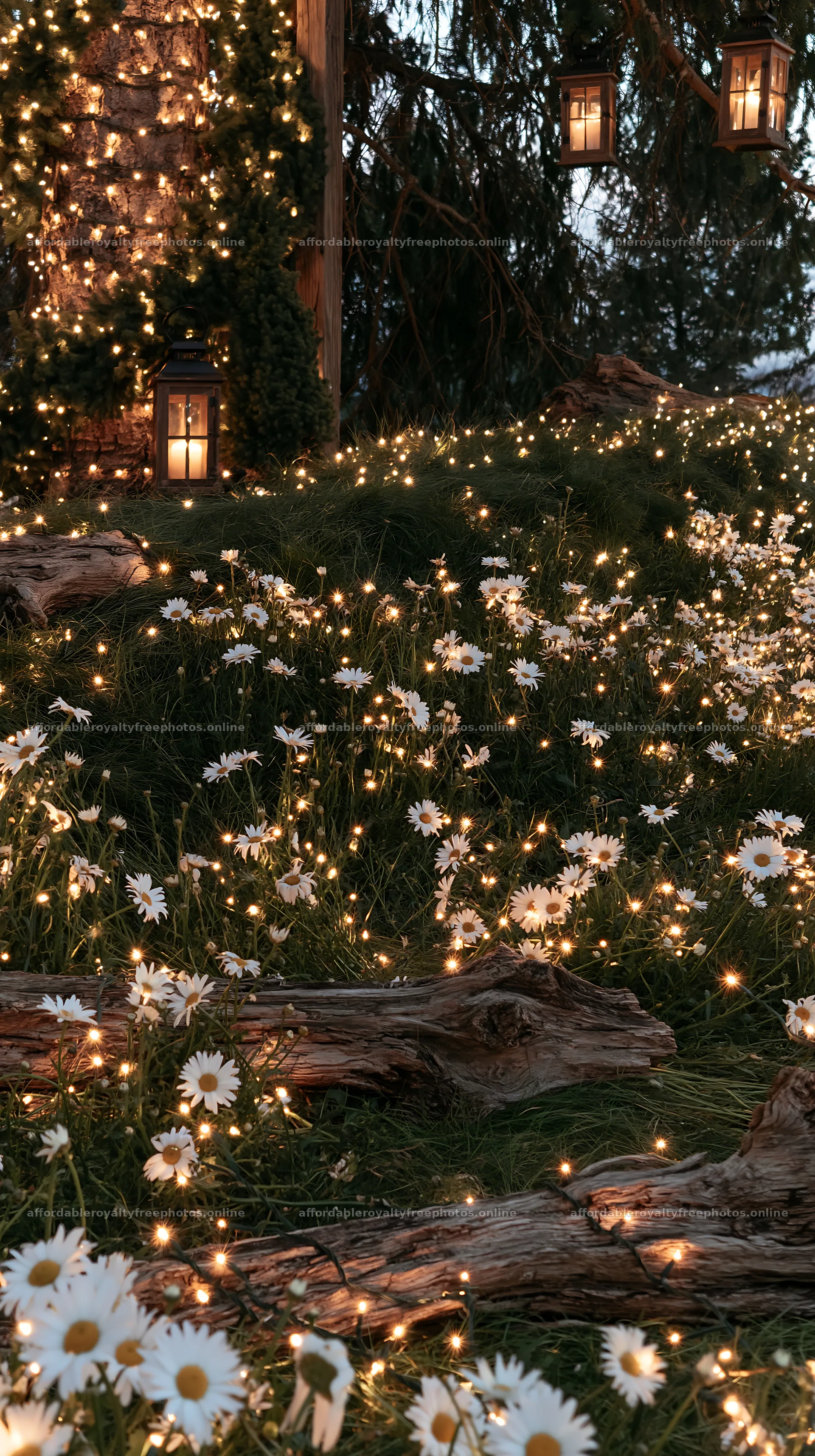 Expansive Christmas meadow with white daisies and lights – royalty-free photos 5938x10608