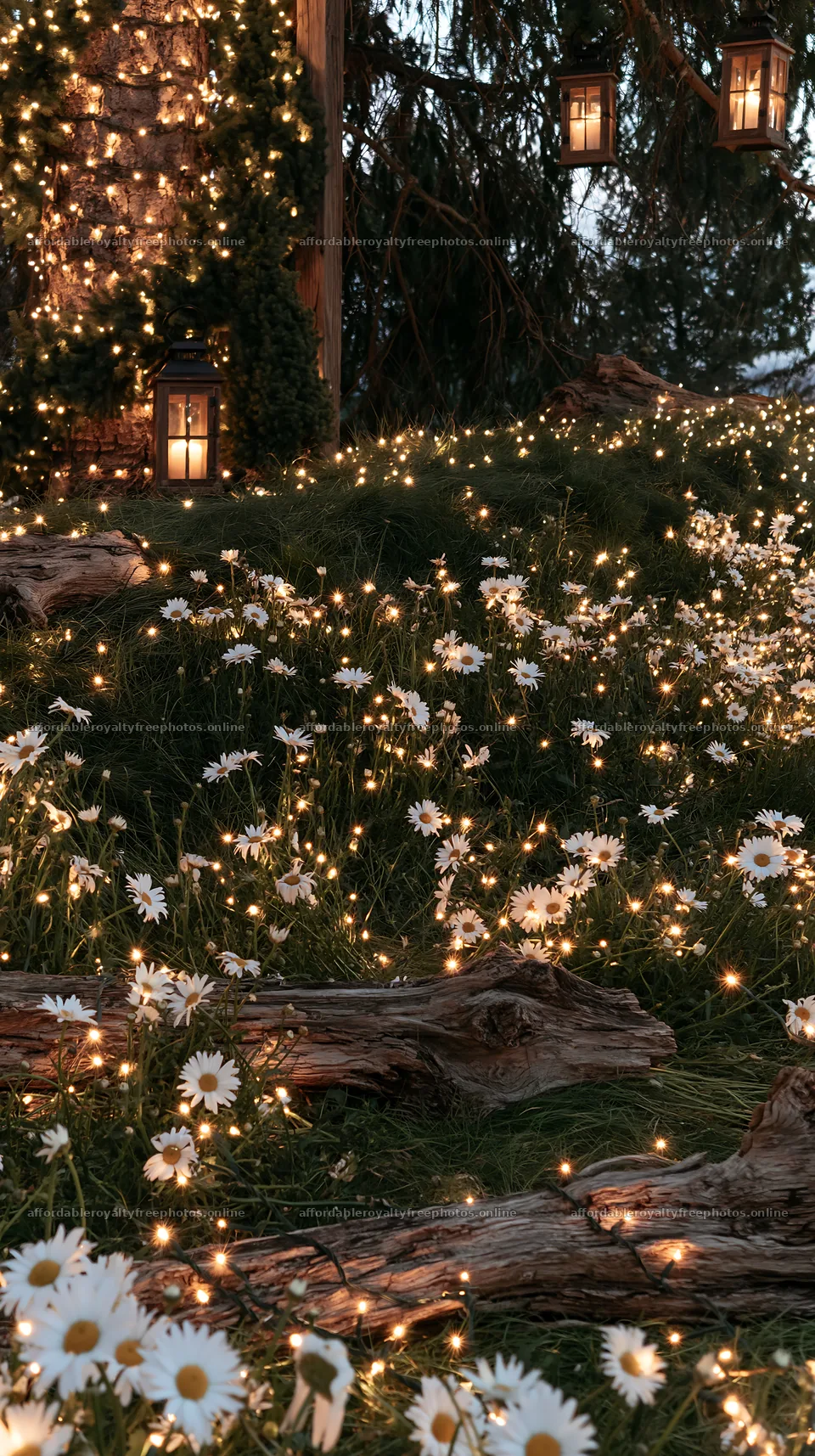 Expansive Christmas meadow with white daisies and lights – royalty-free photos 5938x10608