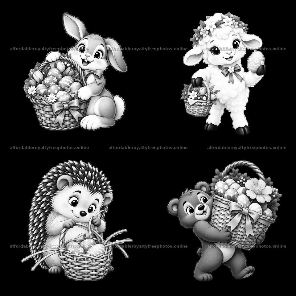 Easter basket characters with rabbit, lamb, hedgehog – royalty-free photos 7746x7746