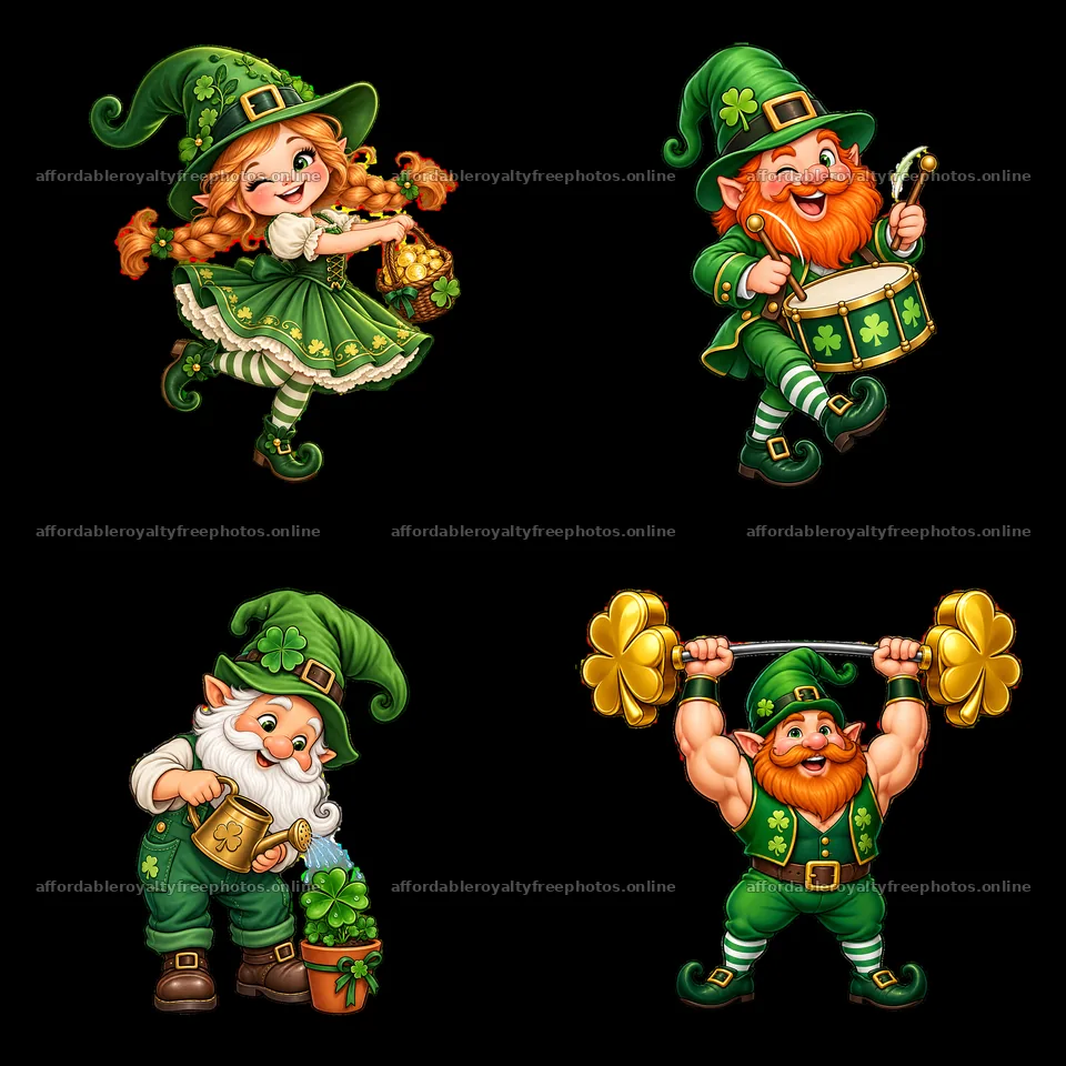 St. Patrick's Day gnomes with fun activities in a 2x2 – royalty-free photos 7746x7746