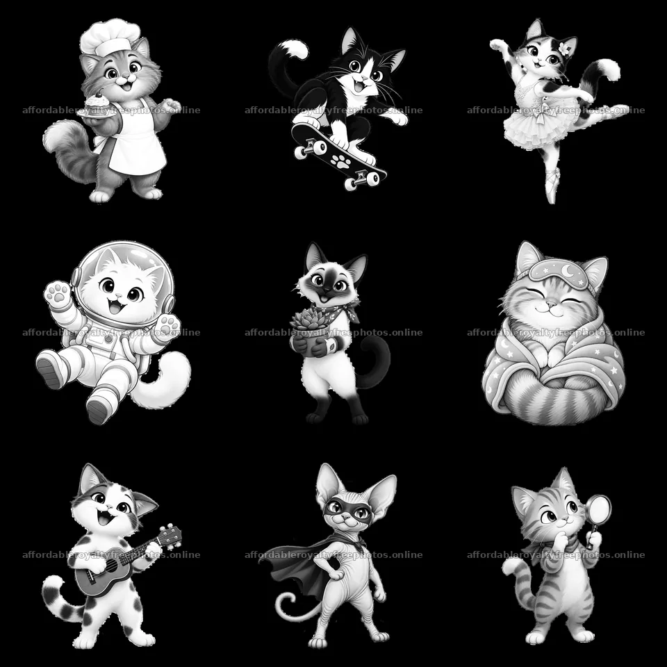 Nine playful cats in various fun activities and costumes – royalty-free photos 7746x7746