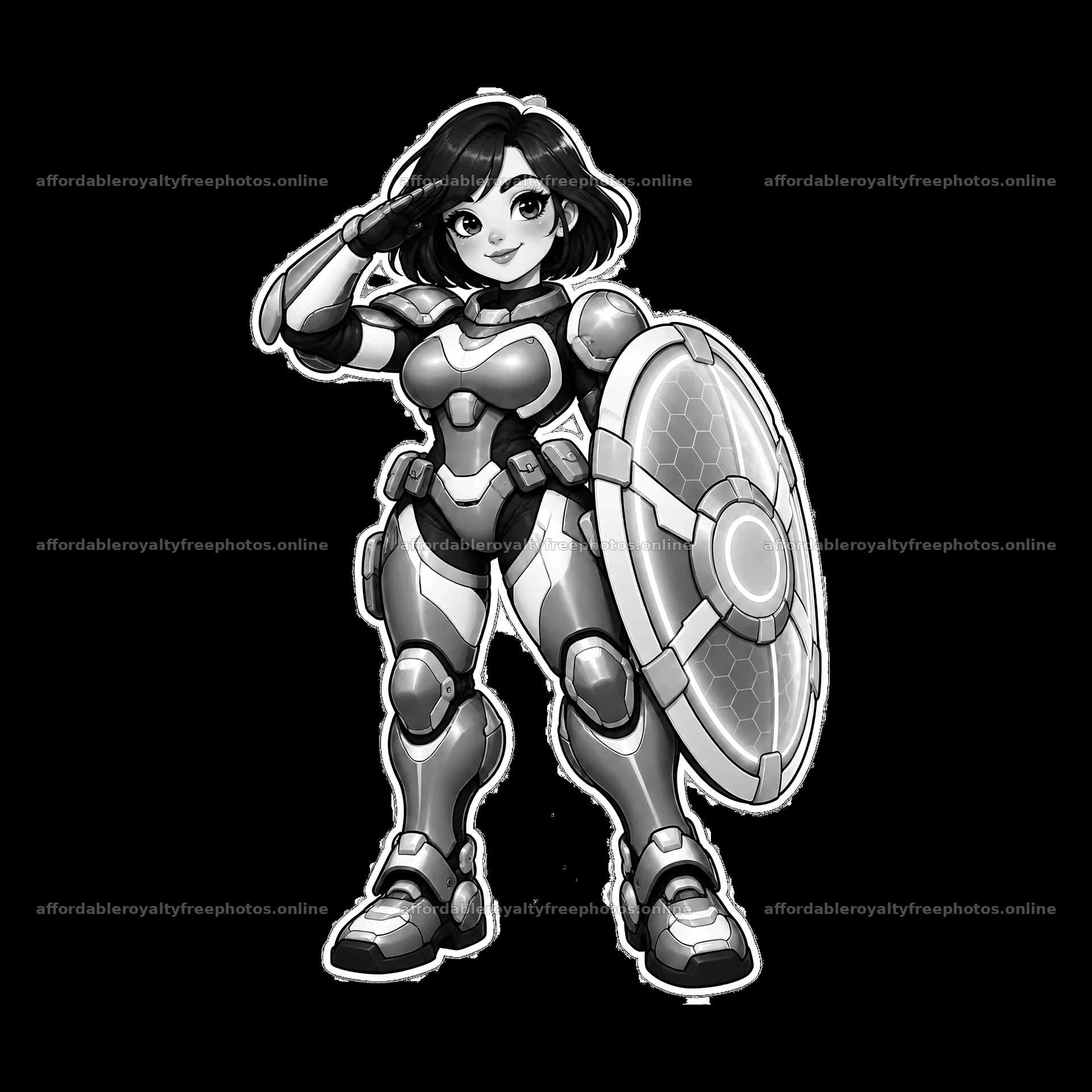 Kawaii futuristic super-soldier with shield and salute – royalty-free photos 7746x7746