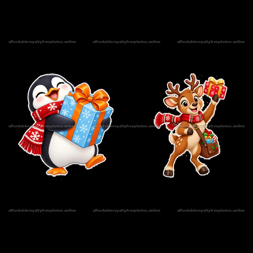 Penguin and reindeer with gifts in Christmas holiday – royalty-free photos 7746x7746