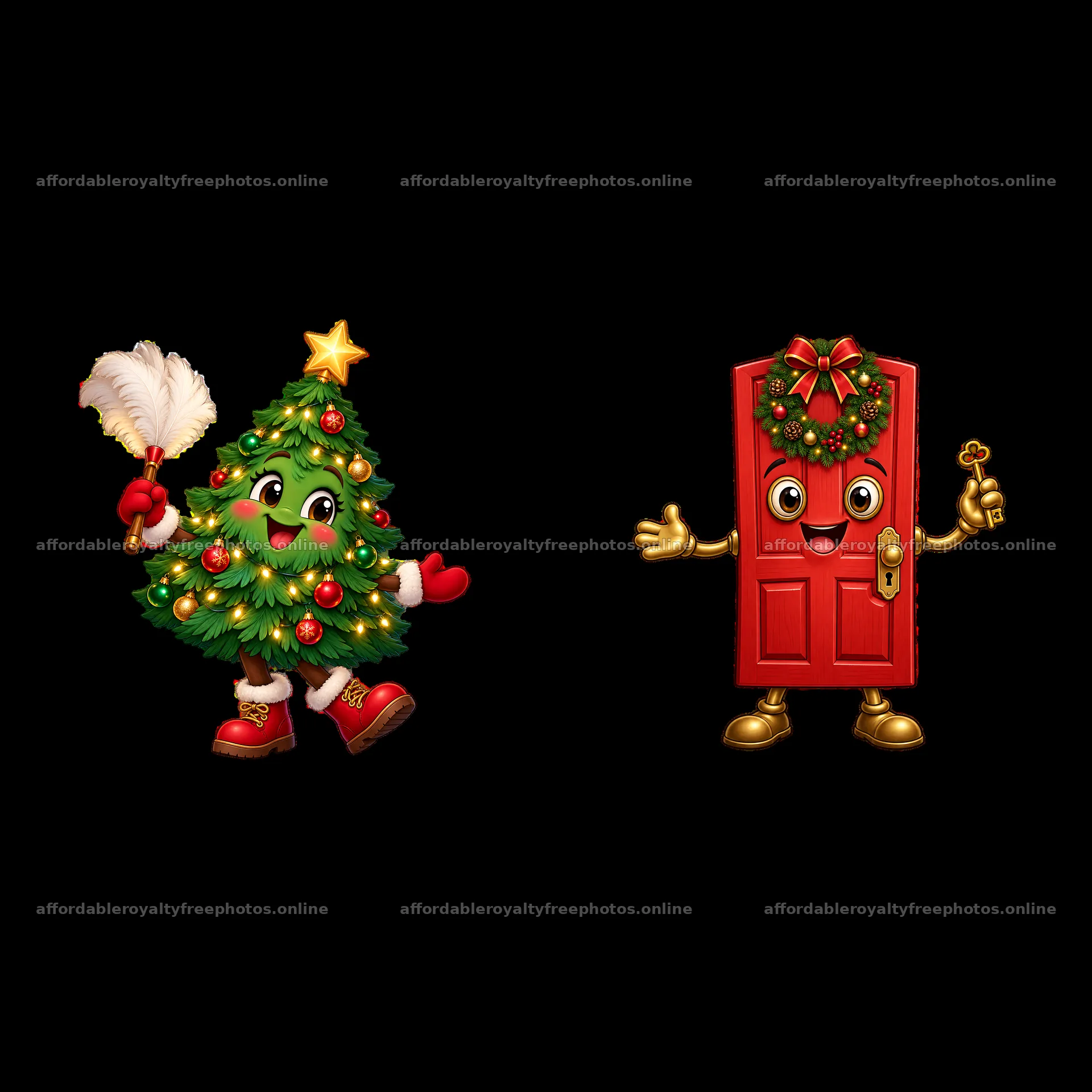 Cheerful Christmas tree and smiling red door with – royalty-free photos 7746x7746
