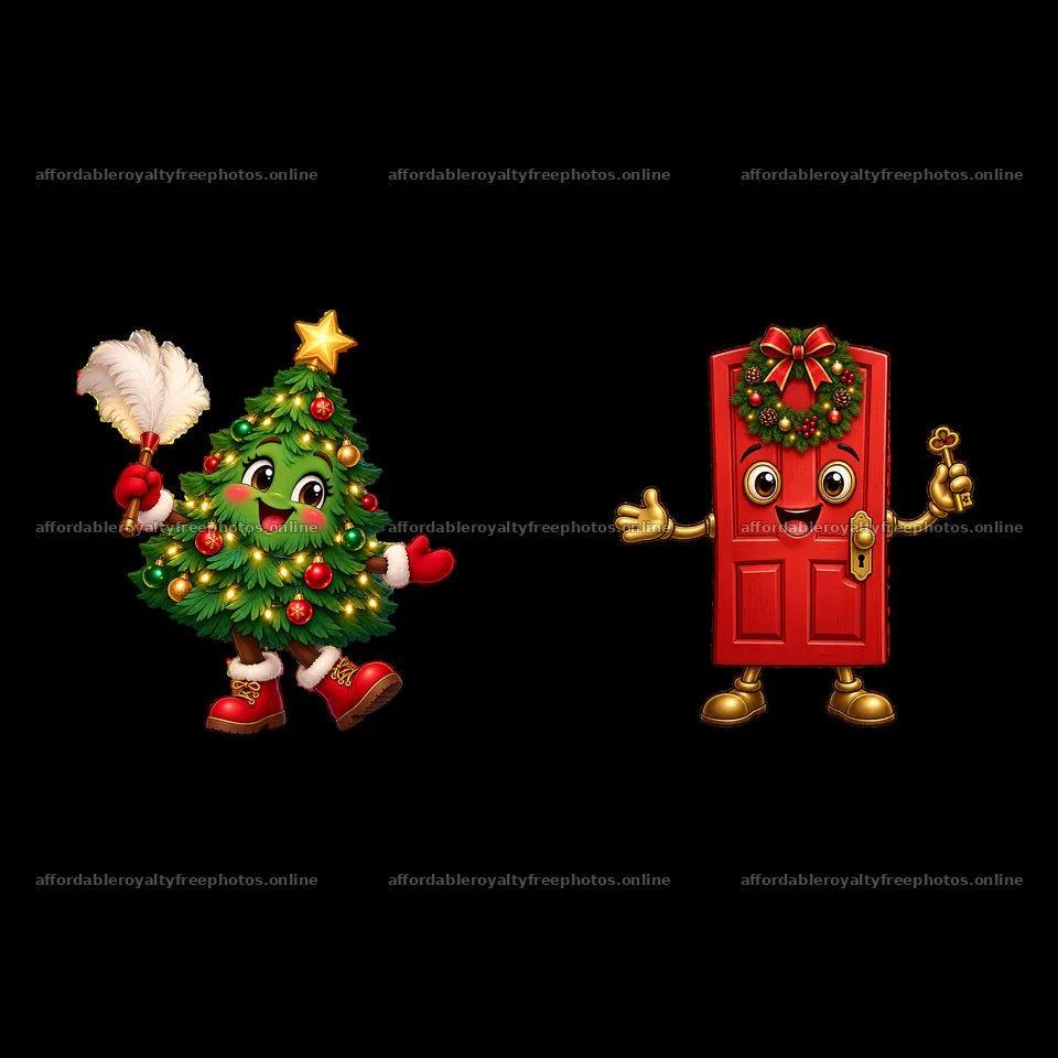 Cheerful Christmas tree and smiling red door with – royalty-free photos 7746x7746