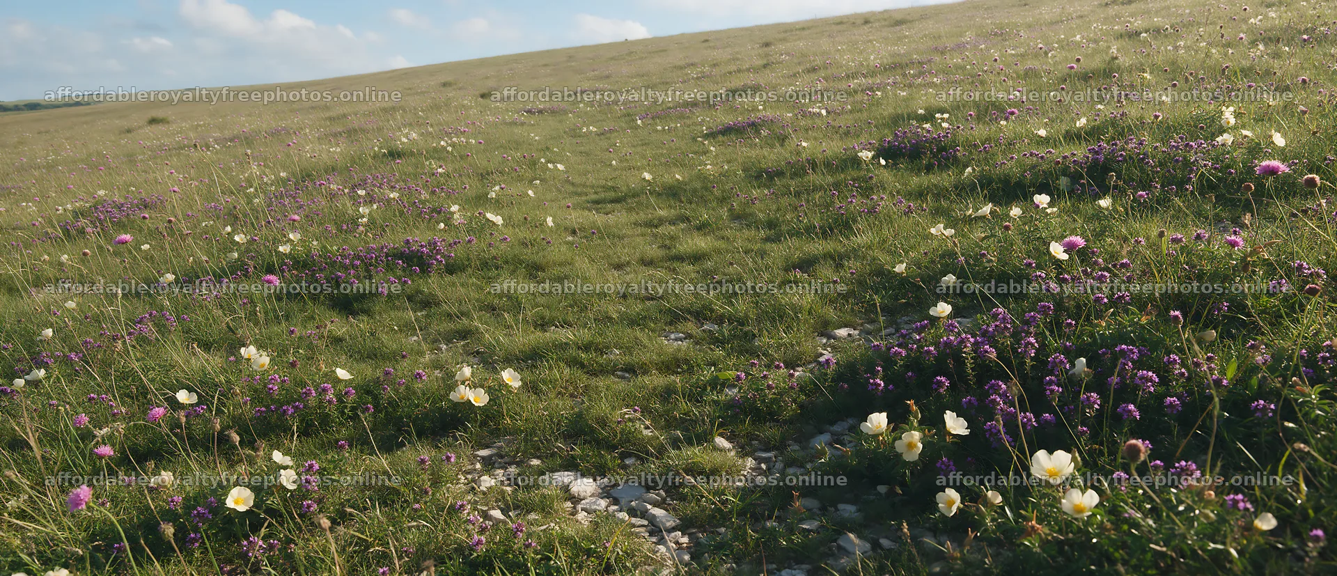 Sunny chalk meadow with wildflowers and open sky – royalty-free photos 12094x5210