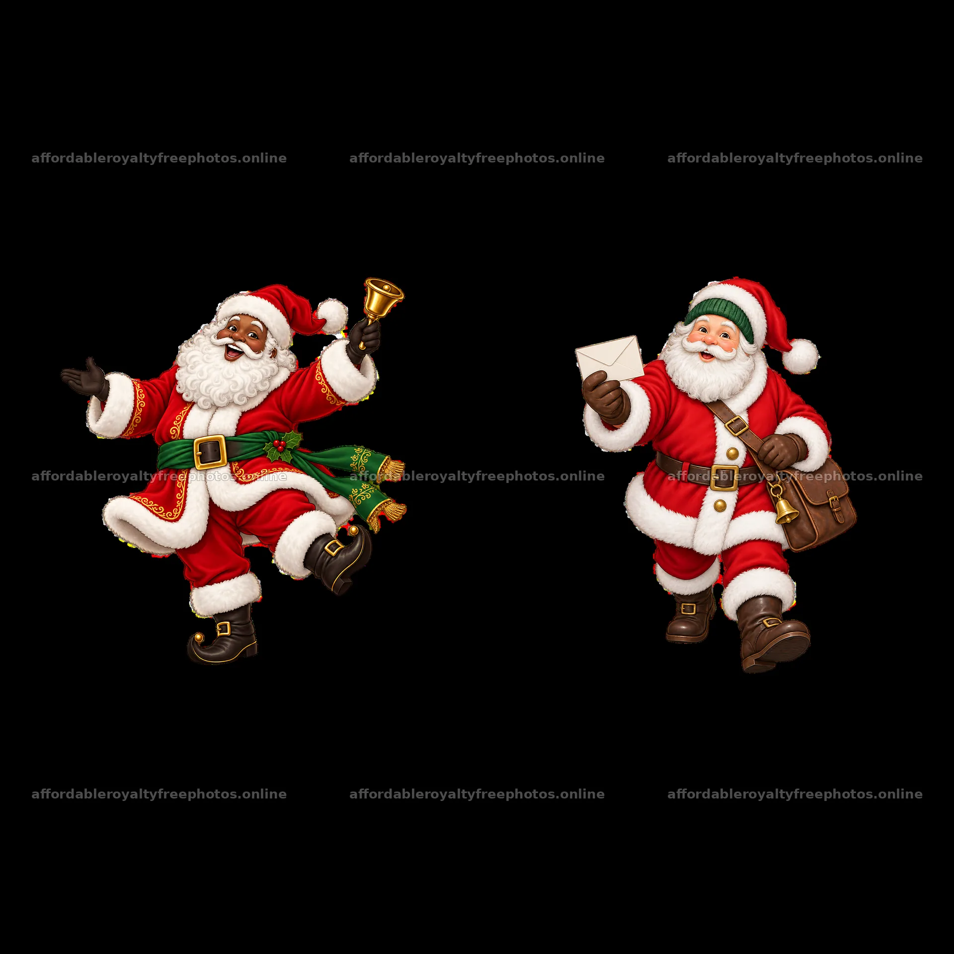 Two cheerful Santa Clauses with a bell and an envelope – royalty-free photos 7746x7746