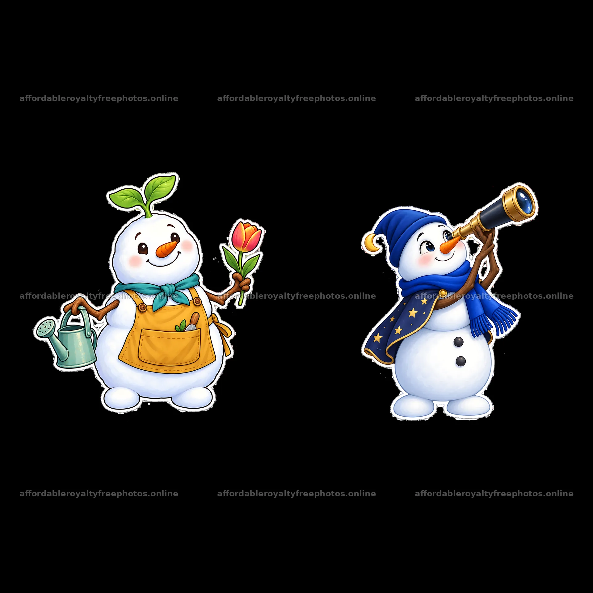 Snowman with flower and snowman with telescope – royalty-free photos 7746x7746