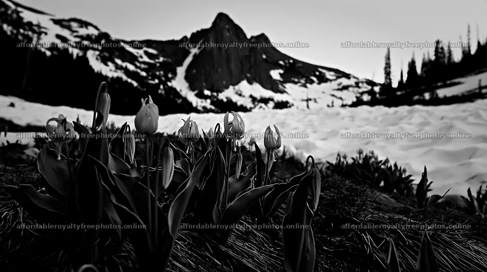 Snowy highland meadow with blooming flowers in the – royalty-free photos 10608x5938
