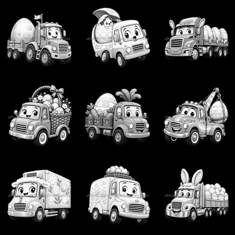 Easter trucks with eggs and decorations in a 3x3 layout – royalty-free photos 7746x7746