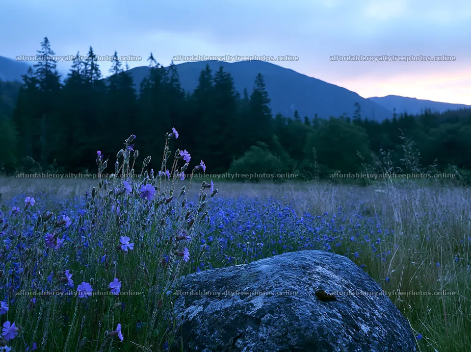Campion bellflower meadow at dusk with mountains in the – royalty-free photos 9174x6866