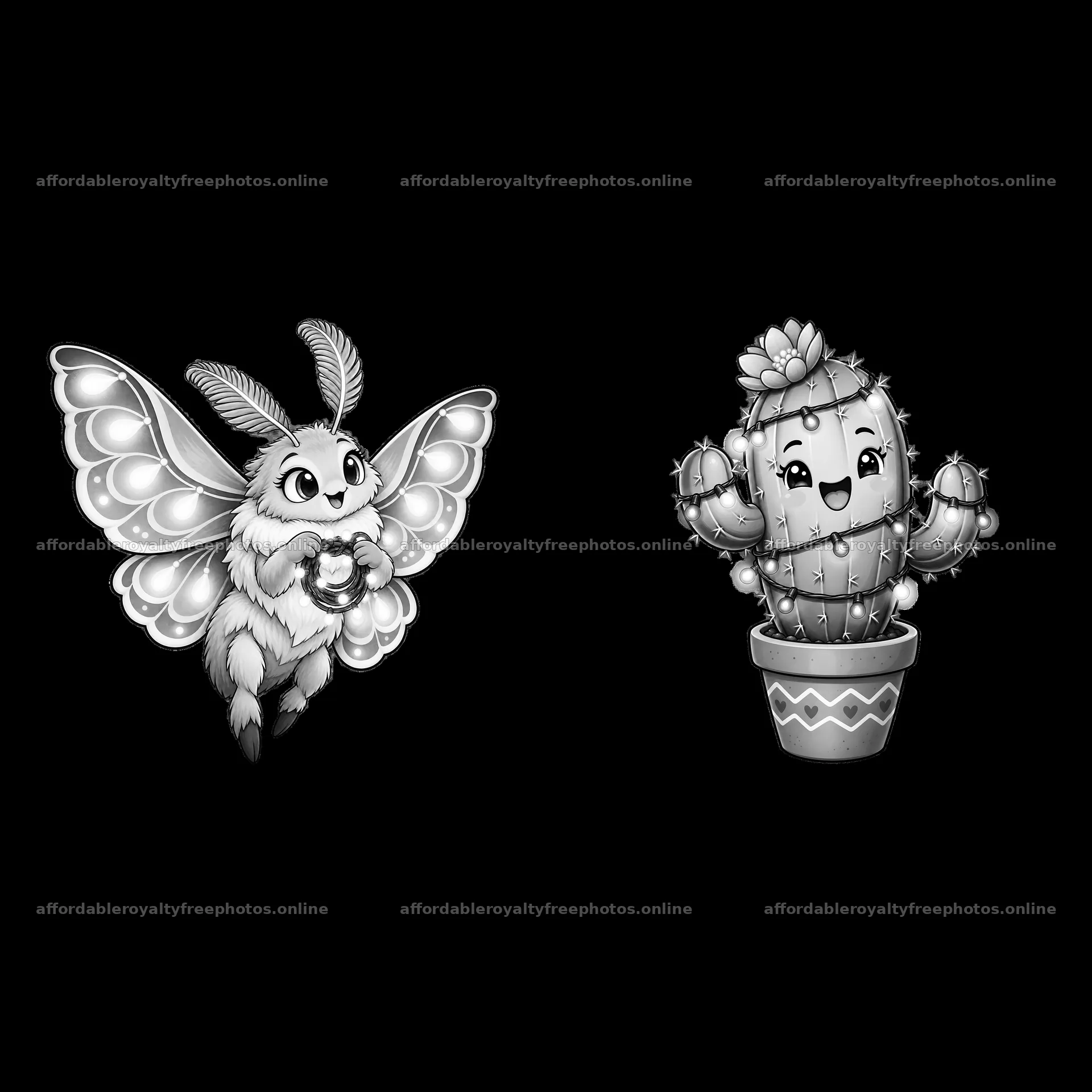 Cute cartoon butterfly and smiling cactus in black and – royalty-free photos 7746x7746