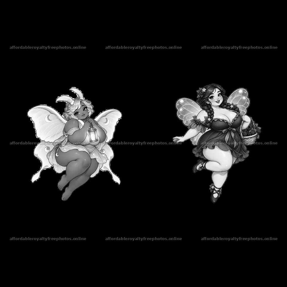 Kawaii ultra-fat fairies with lantern and basket in – royalty-free photos 7746x7746