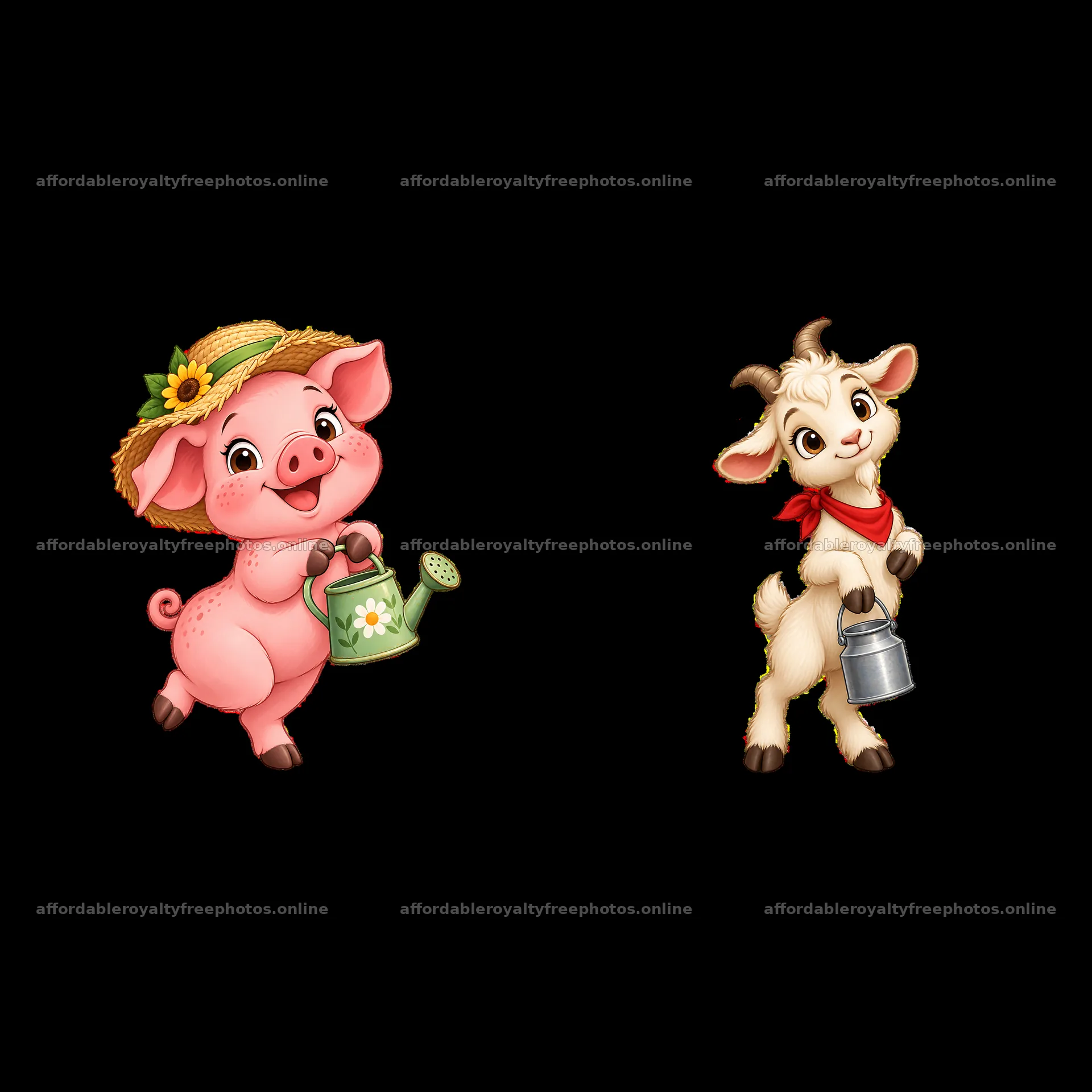 Cute pig and goat watering plants in a farm setting – royalty-free photos 7746x7746