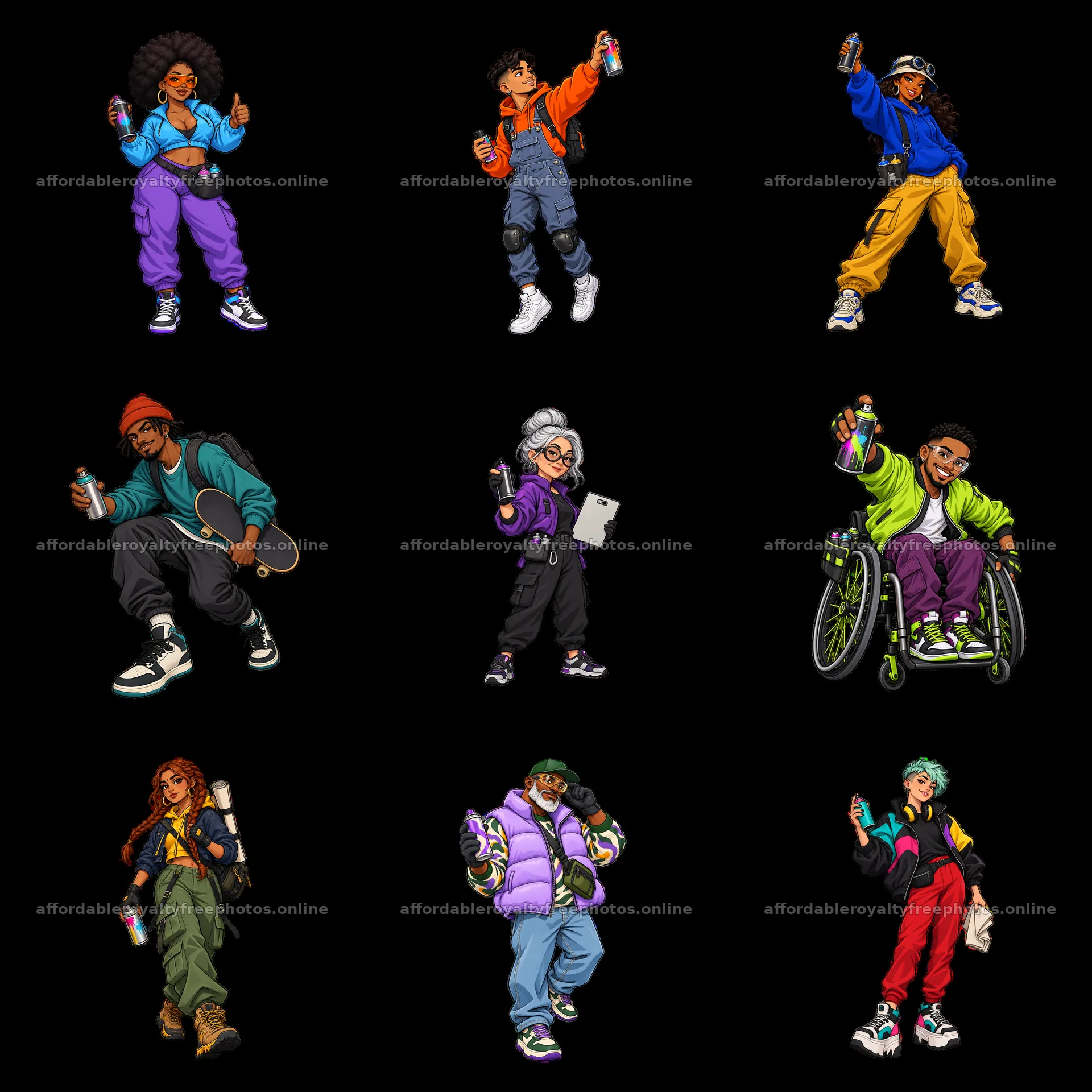 Graffiti sprayers in vibrant streetwear style in 3x3 – royalty-free photos 7746x7746