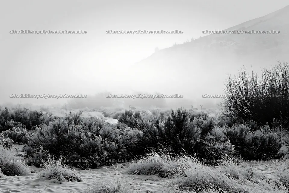 Snowy foothill meadow with fog and bushes – royalty-free photos 9722x6480