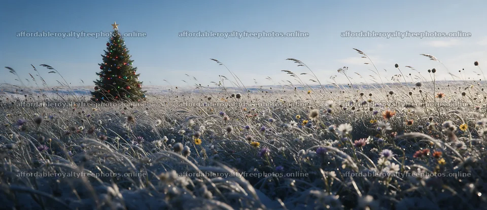 Vibrant Christmas tree in a winter meadow – royalty-free photos 12094x5210