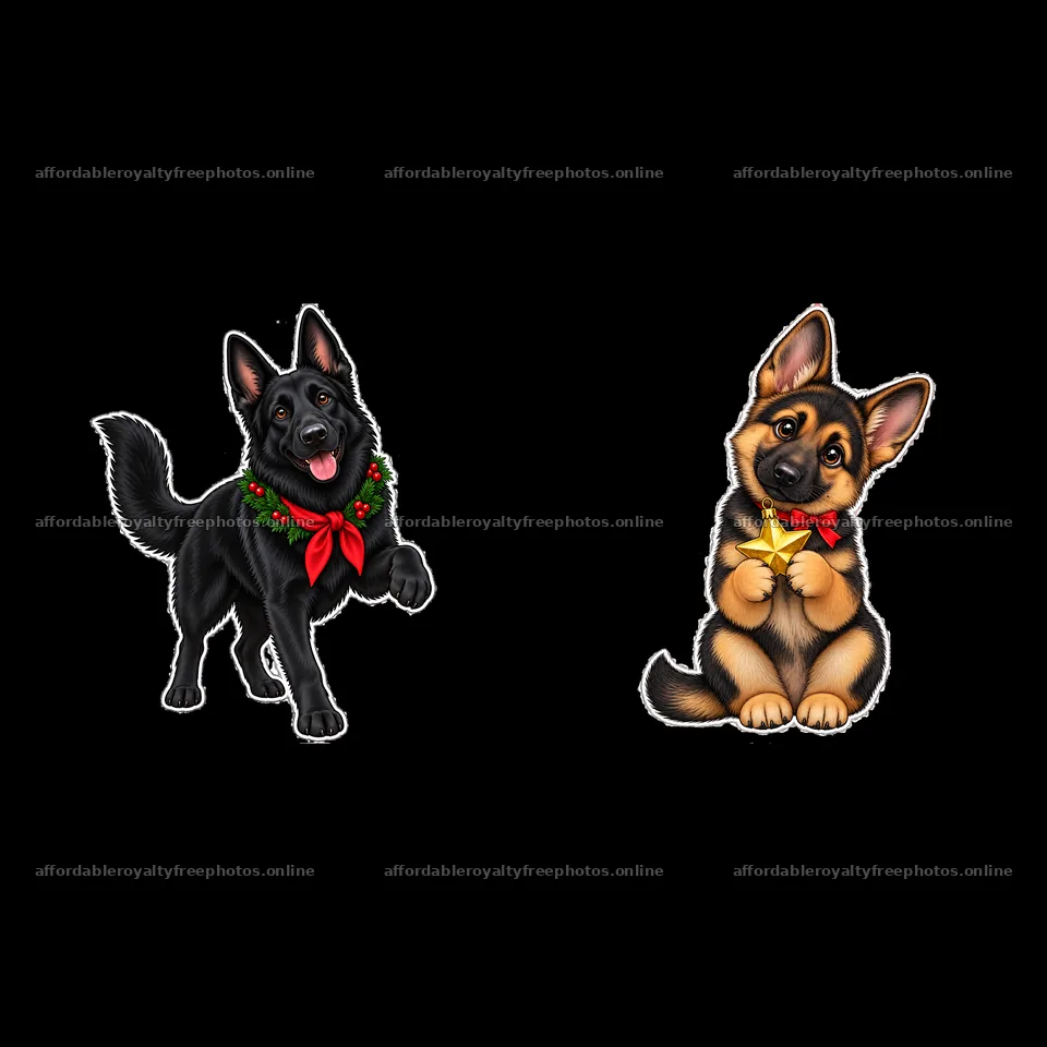 Christmas German Shepherd duo with festive accessories – royalty-free photos 7746x7746