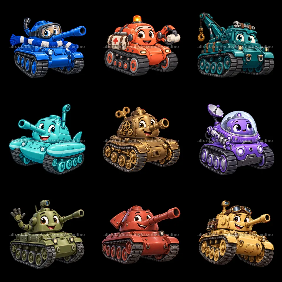 Colorful cartoon tanks in a 3x3 grid with different – royalty-free photos 7746x7746