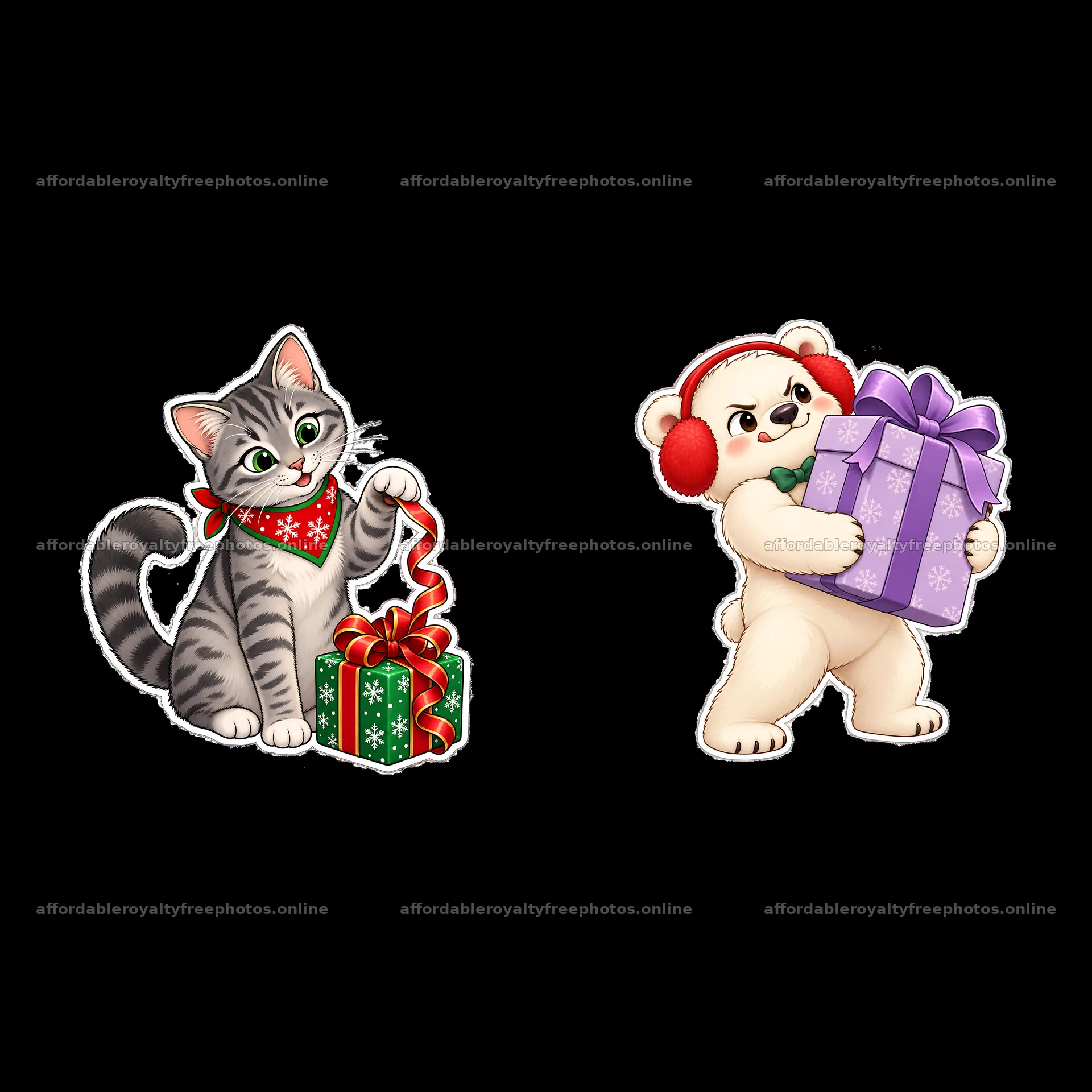 Cat and bear with Christmas presents in a cheerful scene – royalty-free photos 7746x7746