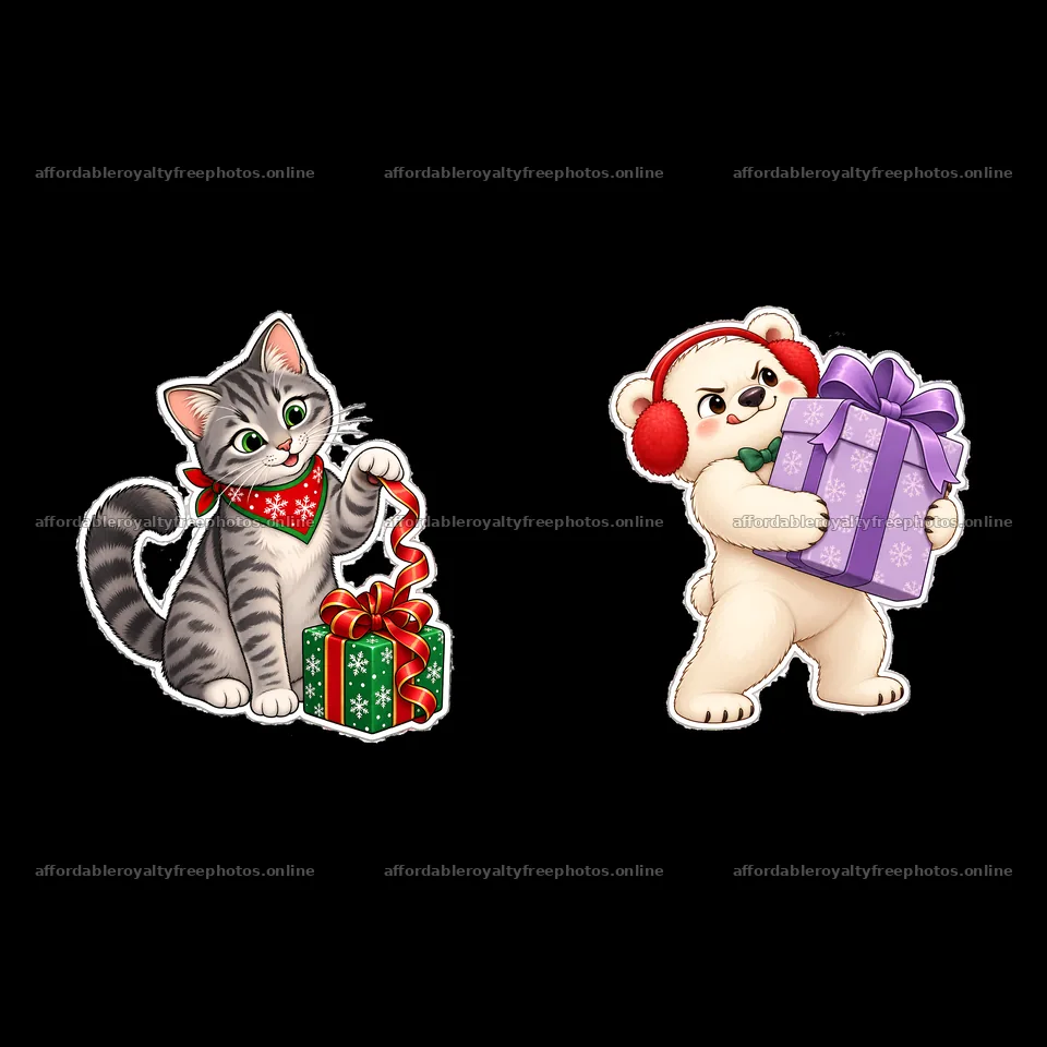 Cat and bear with Christmas presents in a cheerful scene – royalty-free photos 7746x7746