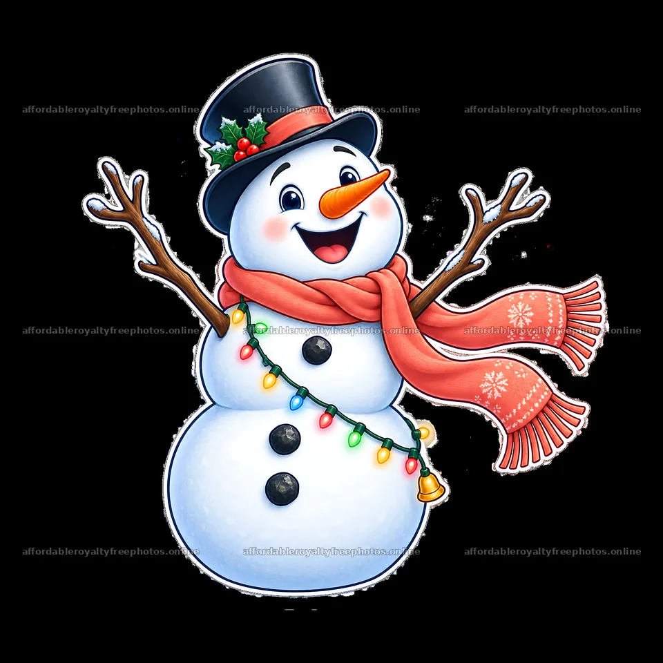 Snowman wearing a top hat and string lights with a red – royalty-free photos 7746x7746