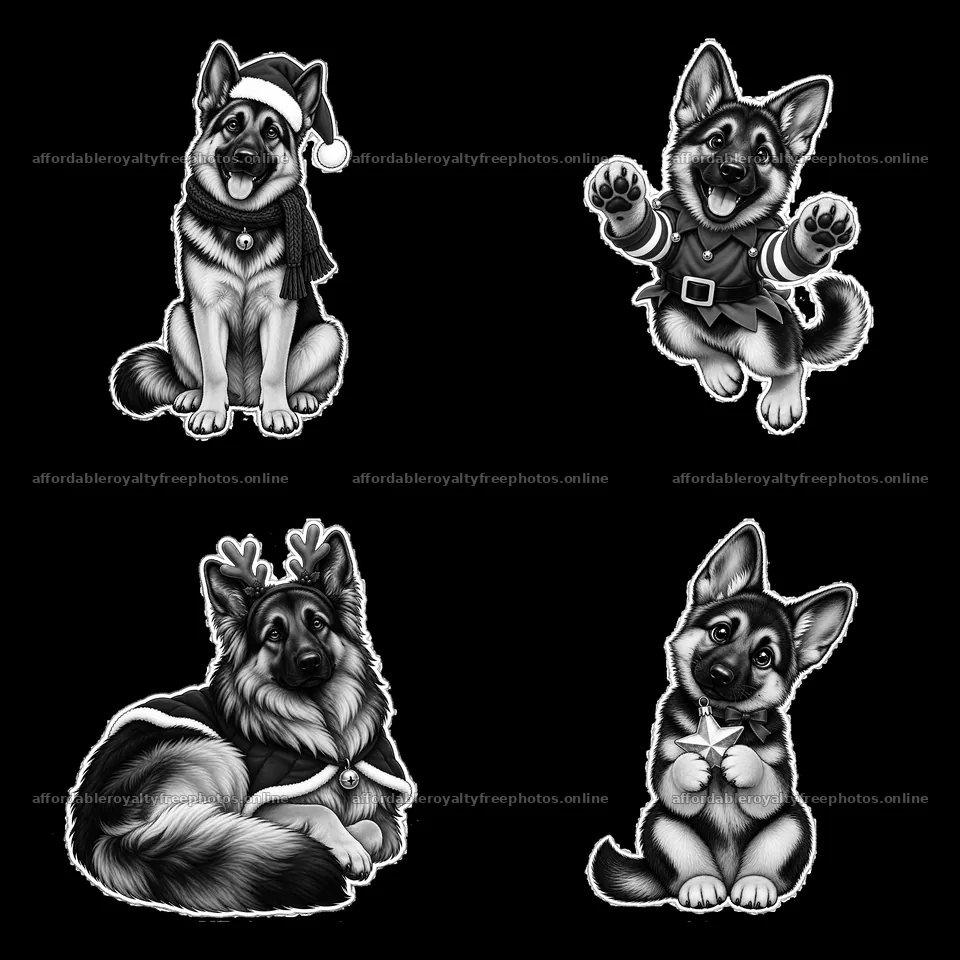 Four Christmas German Shepherd cartoon stickers in black – royalty-free photos 7746x7746