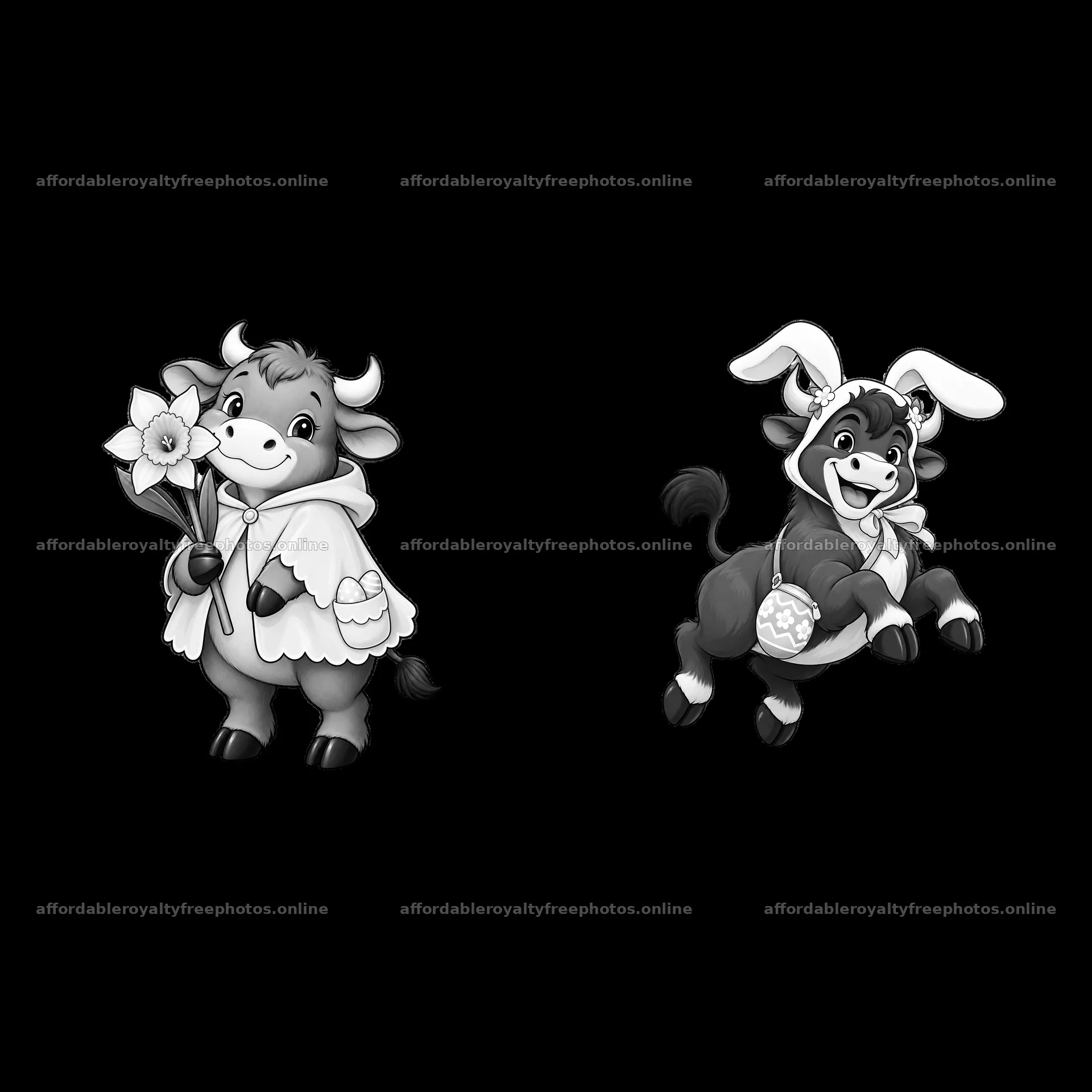 Easter ox holding flowers and jumping with eggs in black – royalty-free photos 7746x7746