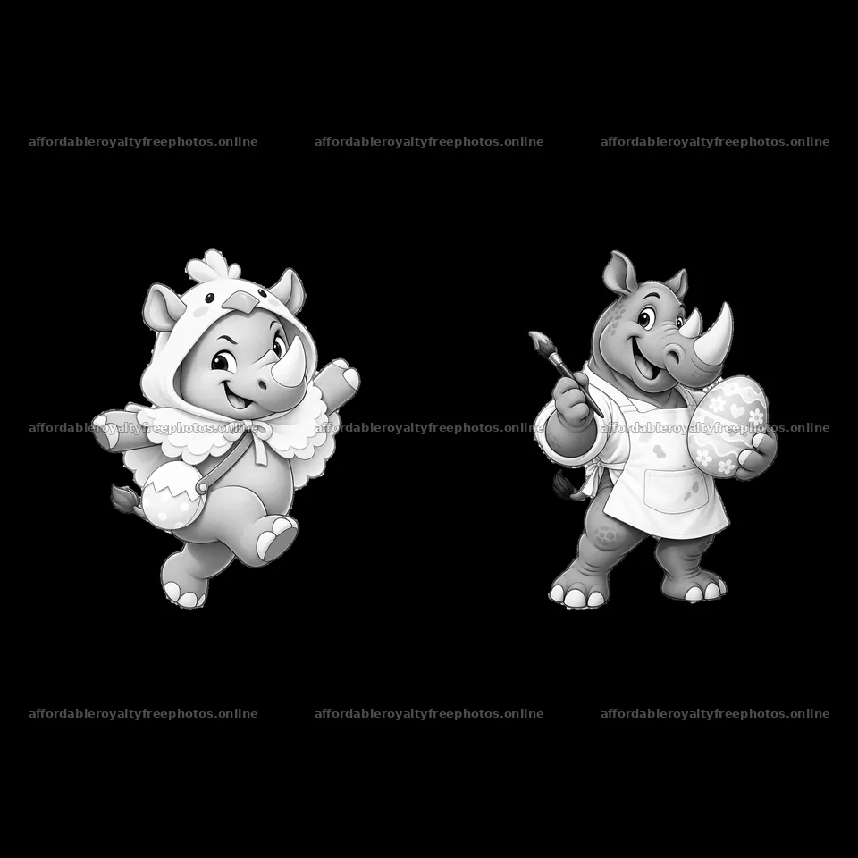 Easter rhinoceros characters painting and celebrating – royalty-free photos 7746x7746