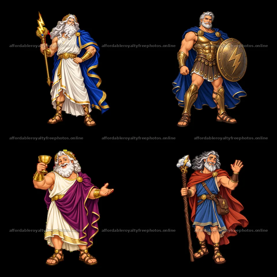 Zeus and characters in diverse poses with accessories in – royalty-free photos 7746x7746