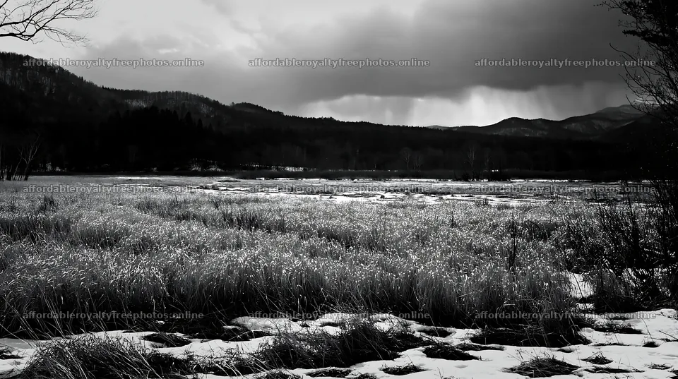 Akita snowy meadow with silver grasses during snowmelt – royalty-free photos 10608x5938