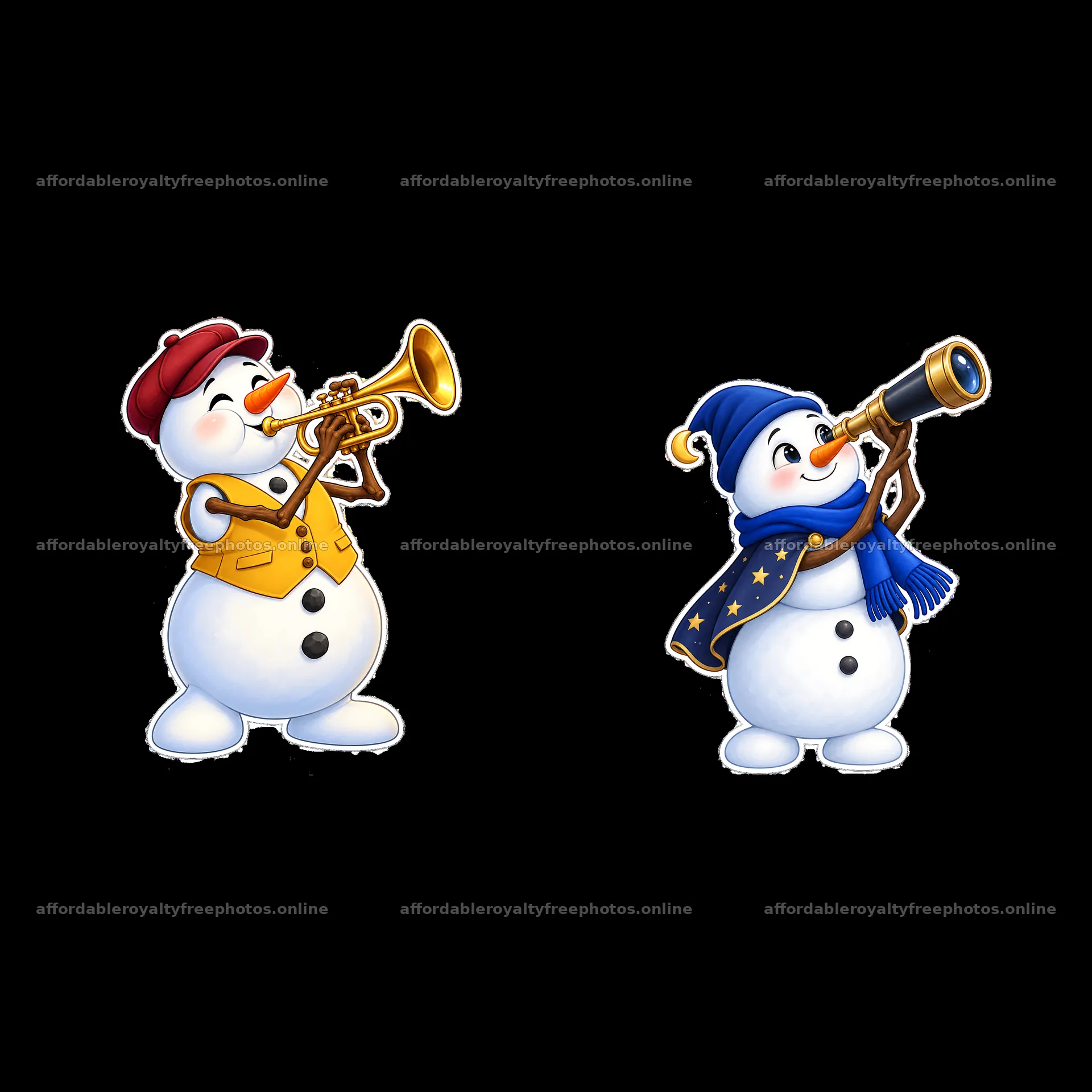 Snowmen playing trumpet and using telescope in winter – royalty-free photos 7746x7746