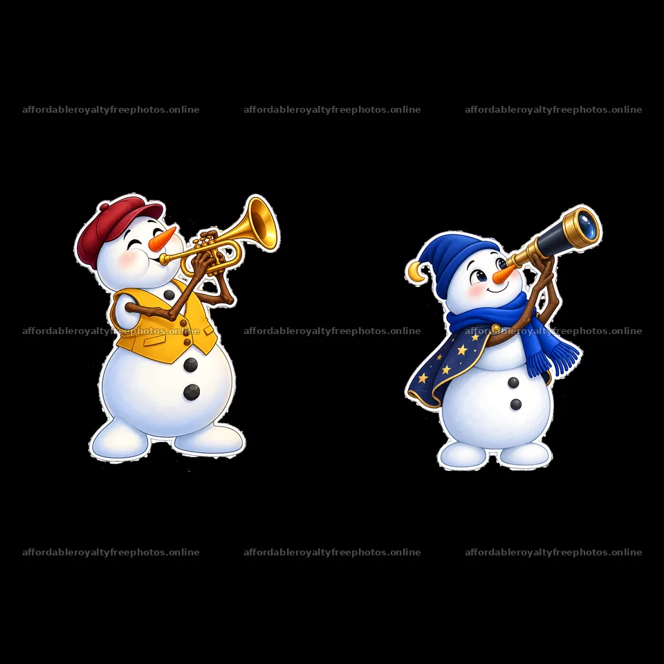 Snowmen playing trumpet and using telescope in winter – royalty-free photos 7746x7746