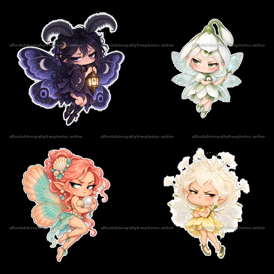 Kawaii grumpy fairy characters in a 2x2 arrangement – royalty-free photos 7746x7746