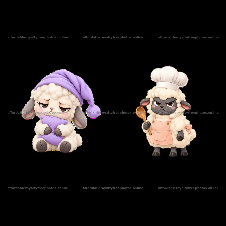 Kawaii grumpy sheep cartoon stickers with cooking theme – royalty-free photos 7746x7746