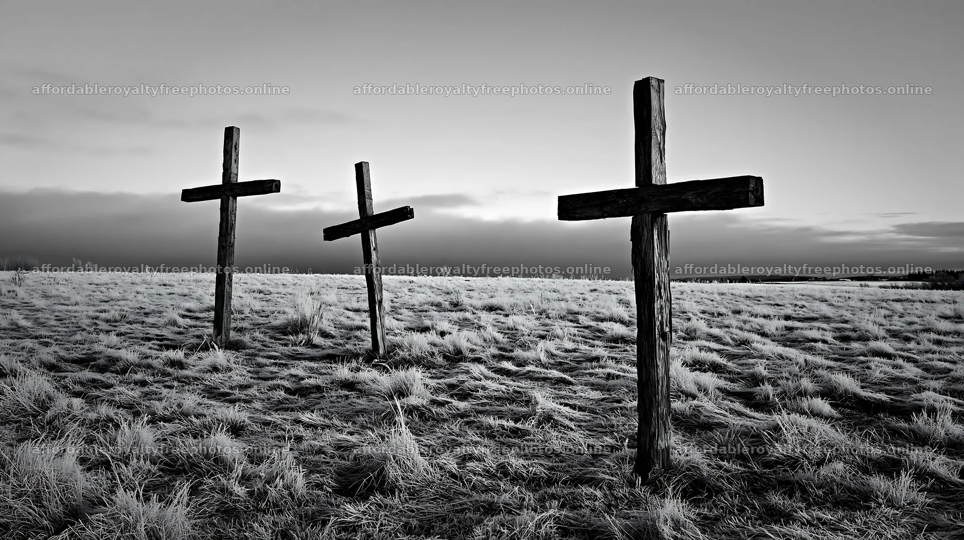 Three rustic crosses in a winter meadow under a grey sky – royalty-free photos 10608x5938