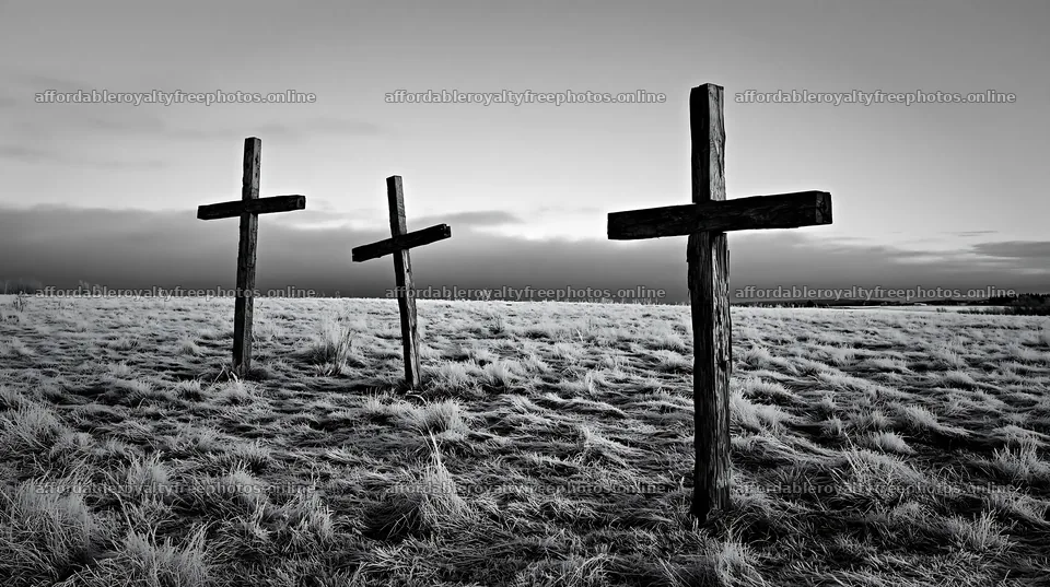 Three rustic crosses in a winter meadow under a grey sky – royalty-free photos 10608x5938